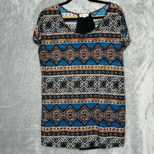 Lavish XL Shirt Top Blue Orange Striped Aztec Cap Sleeve Scoop Neck Stretch